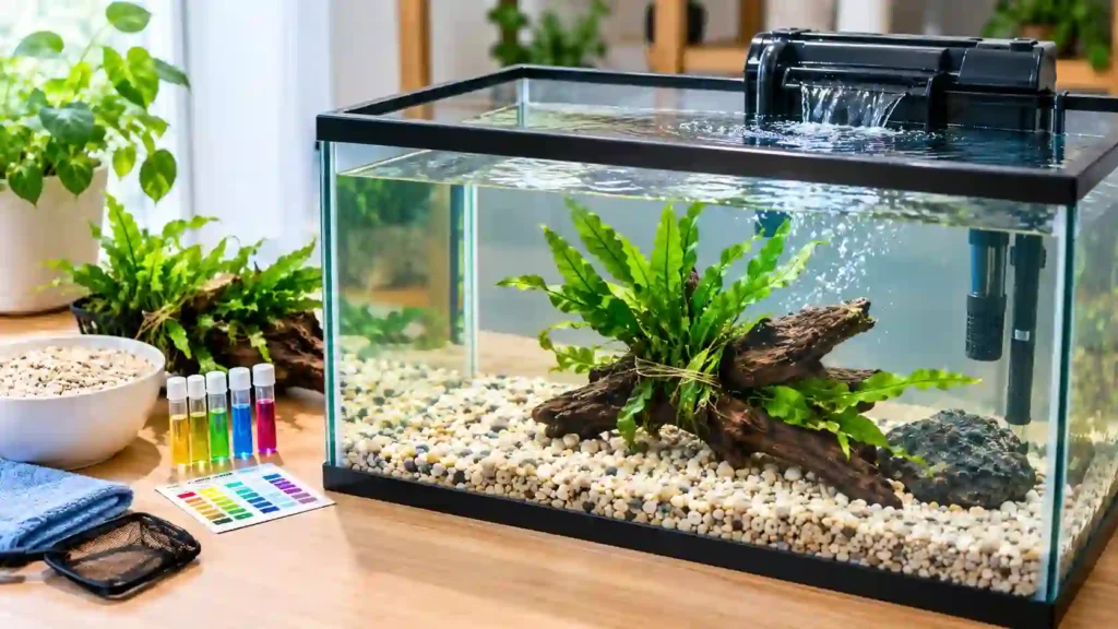 Step-by-step goldfish tank setup with filter, substrate, and live plants