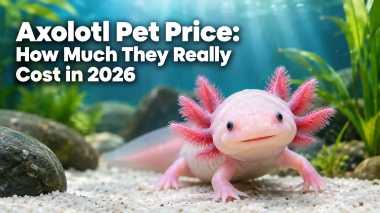 Pink leucistic axolotl in aquarium, axolotl pet price guide