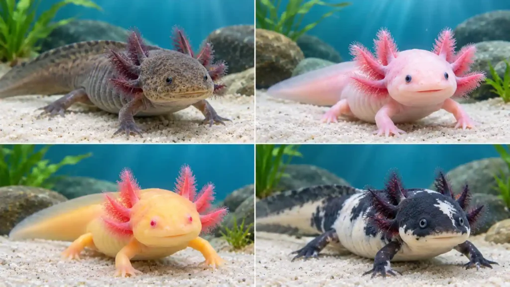 Four axolotl color morphs including wild type, leucistic, albino, and piebald