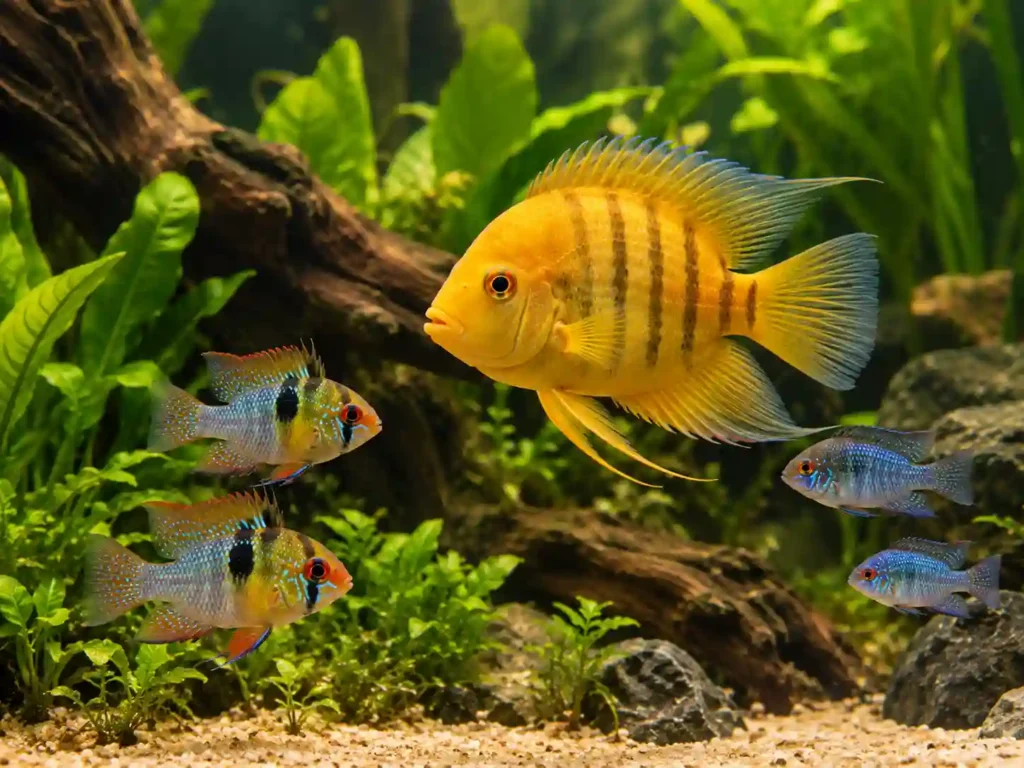 Severum cichlid swimming peacefully with ram cichlid tank mates