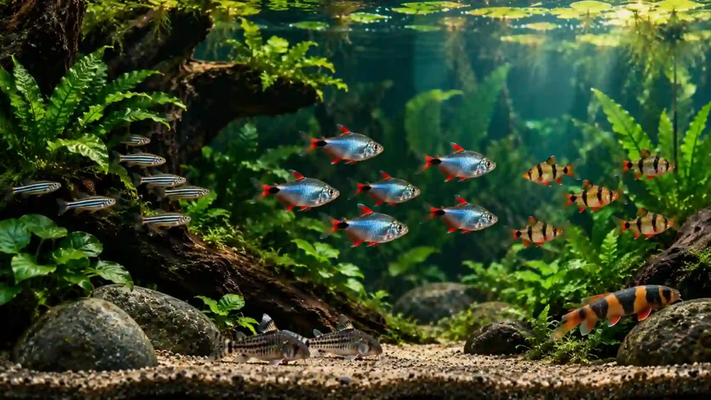 Community aquarium with Buenos Aires tetras, zebra danios, tiger barbs, and Corydoras as compatible tank mates