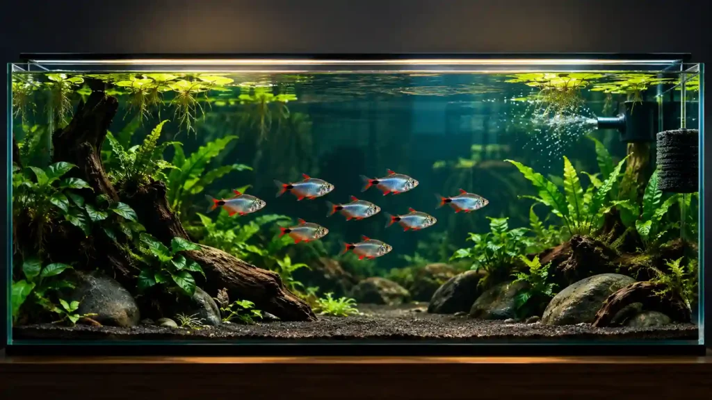 Long 30 gallon aquarium with open swimming space, driftwood, and a school of Buenos Aires tetras