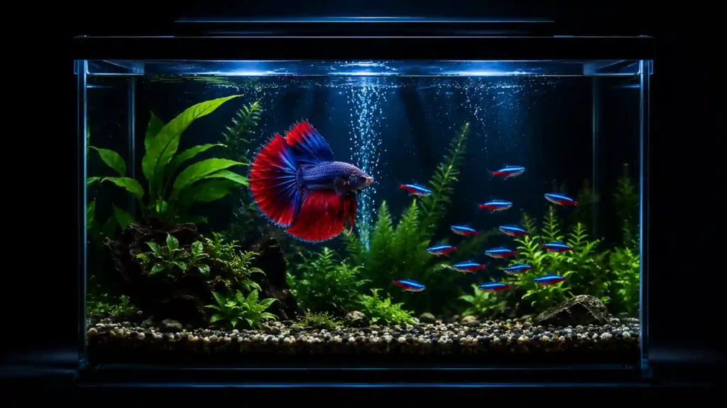 Betta fish and neon tetras in a home freshwater aquarium tank