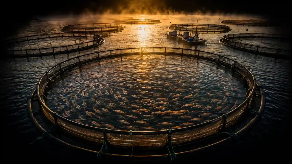 Fish farming ponds and aquaculture net pens for sustainable seafood production