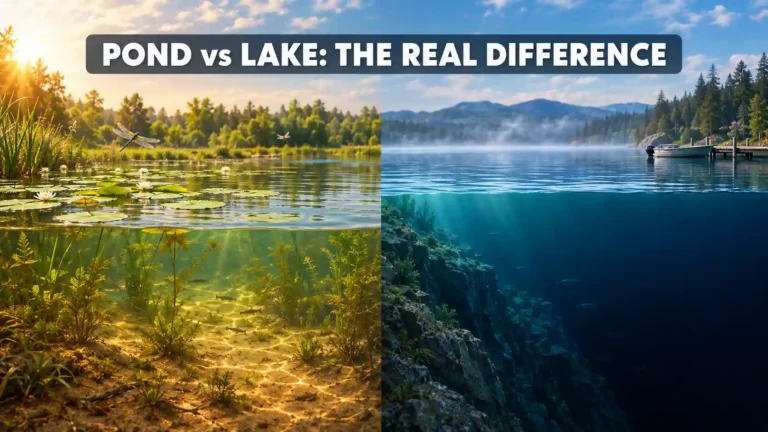 Split-view illustration comparing a shallow sunlit pond and a deep dark lake, showing pond vs lake differences
