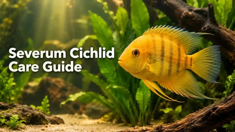 Gold severum cichlid swimming in a planted freshwater aquarium, care guide banner