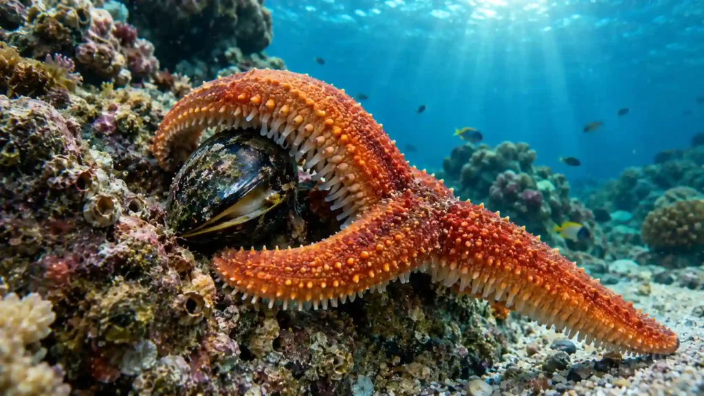 Starfish feeding on a mussel on a reef, illustrating what do starfish eat