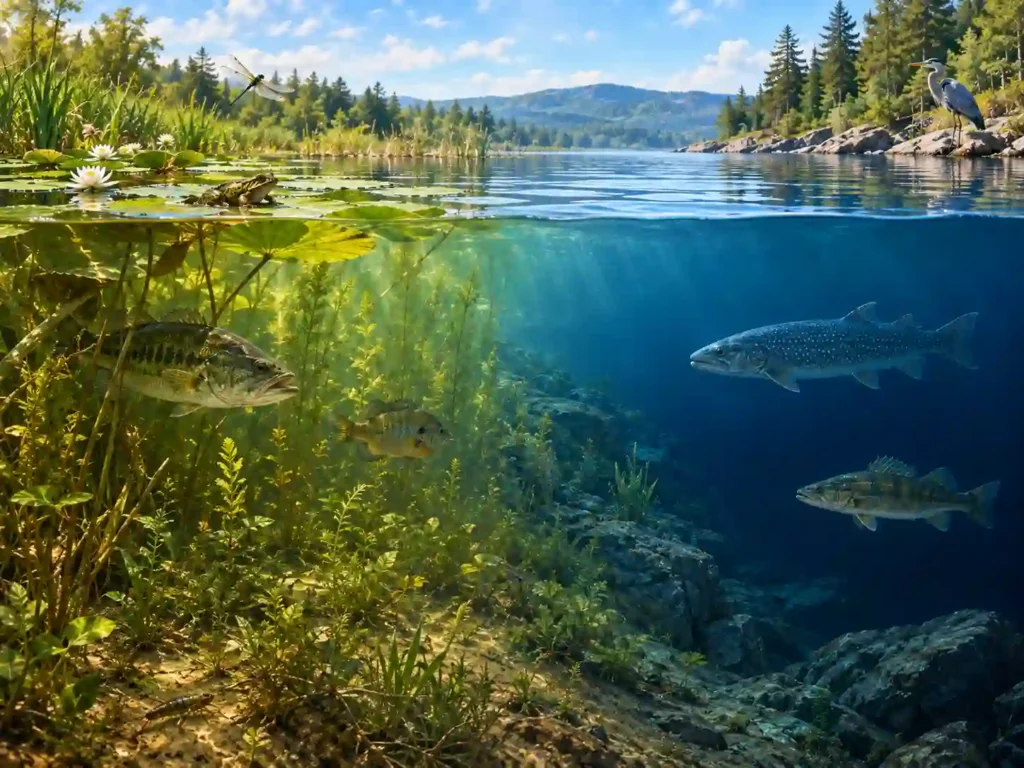 Illustration comparing pond wildlife like bass and frogs with lake wildlife like trout and walleye in their habitats