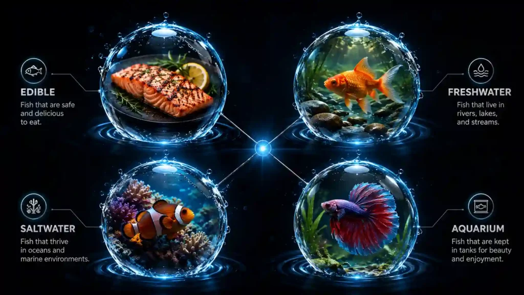 Four main types of fish, edible, freshwater, saltwater and aquarium categories diagram
