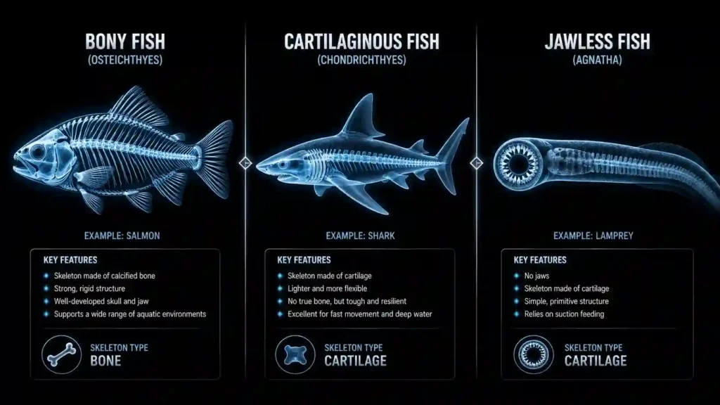Bony fish, cartilaginous fish and jawless fish skeleton classification