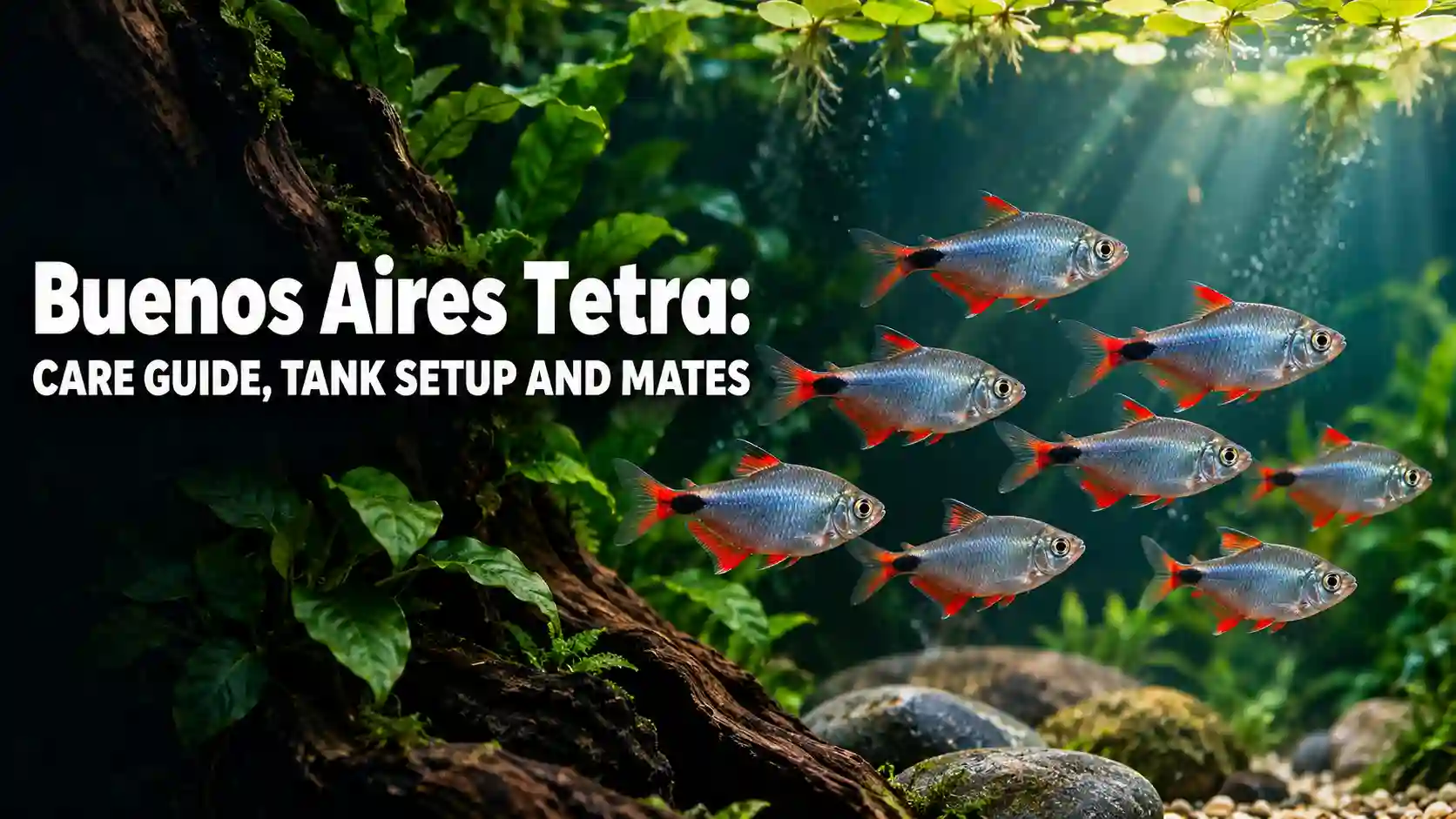 School of Buenos Aires tetras with silver bodies and red fins swimming in a planted aquarium, with care guide title