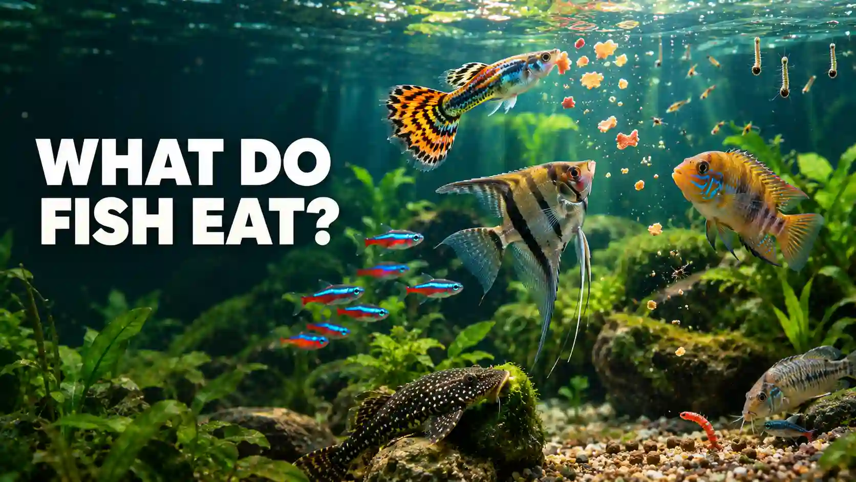 Colorful tropical aquarium fish swimming near plants, illustrating what do fish eat