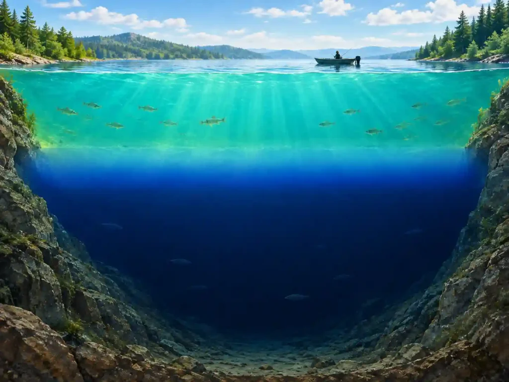Illustration of a lake's three summer temperature layers, epilimnion, thermocline, and hypolimnion, during thermal stratification