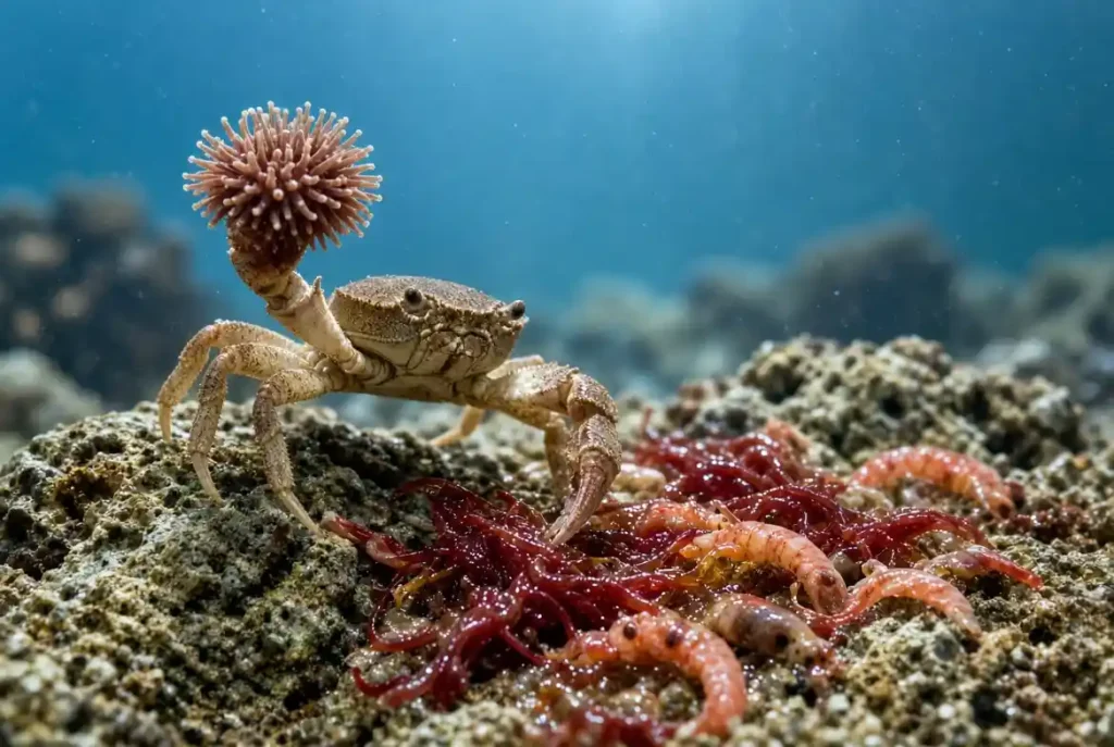 Pom pom crab feeding on blood worms in a saltwater aquarium