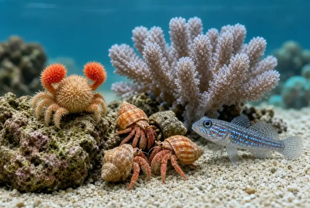 Pom pom crab with compatible marine tank mates in a nano reef aquarium
