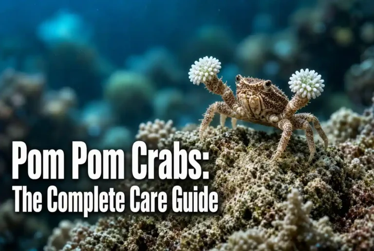 Pom pom crab holding anemones in its claws on coral rubble in a marine aquarium