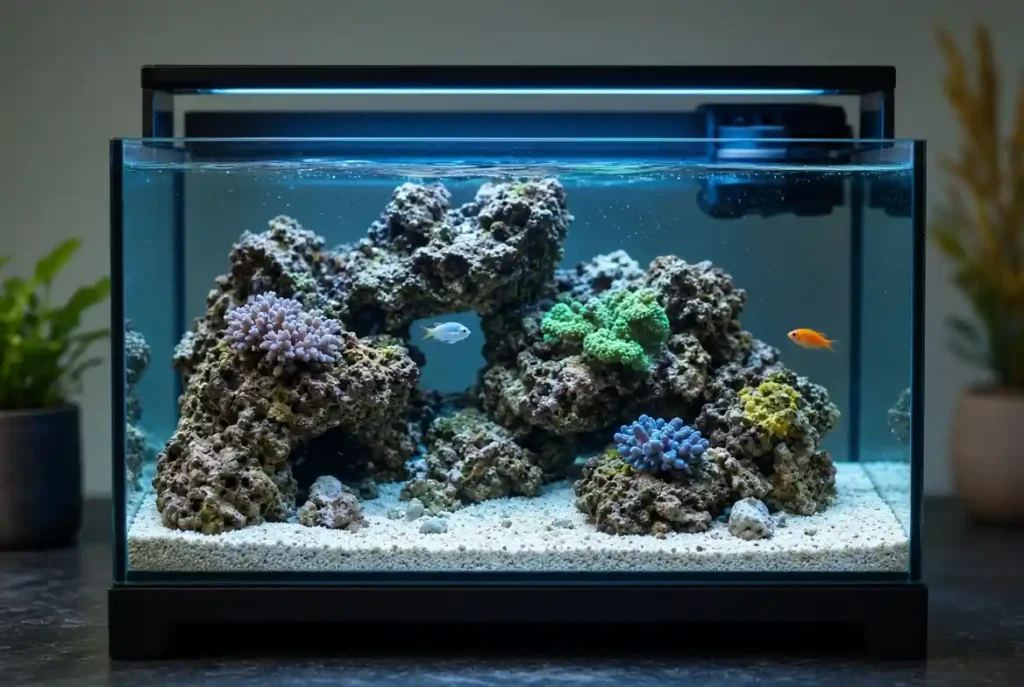 Nano saltwater aquarium setup with live rock and sand for pom pom crab care