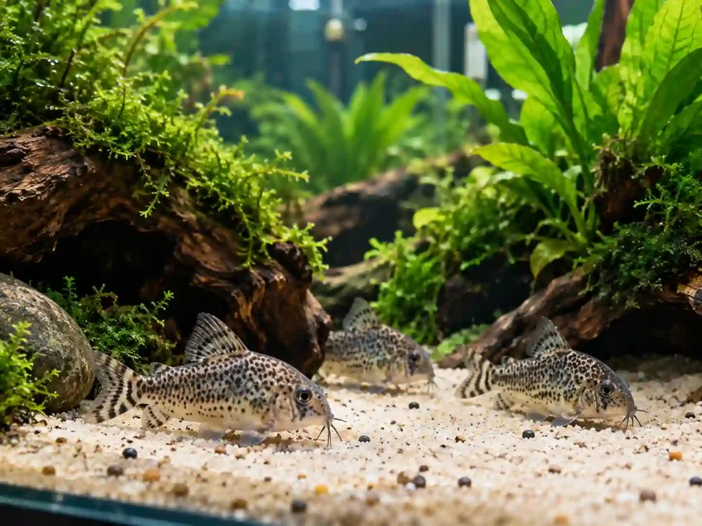"Peppered corydoras tank setup with sand substrate, driftwood, and live plants"