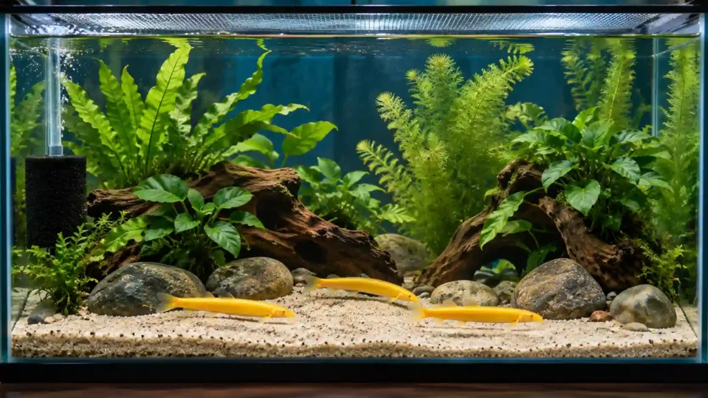 Properly set up golden dojo loach aquarium with substrate and plants