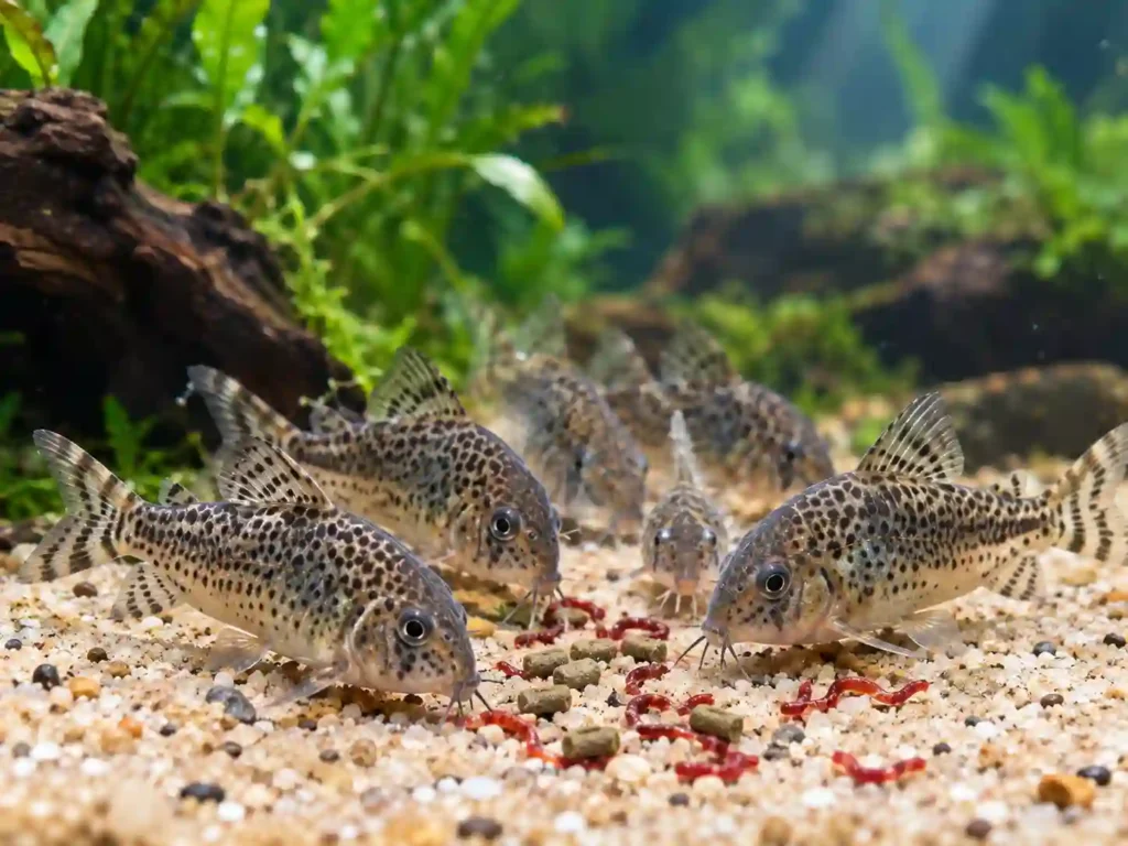 "Peppered corydoras feeding on sinking pellets and bloodworms near tank substrate"