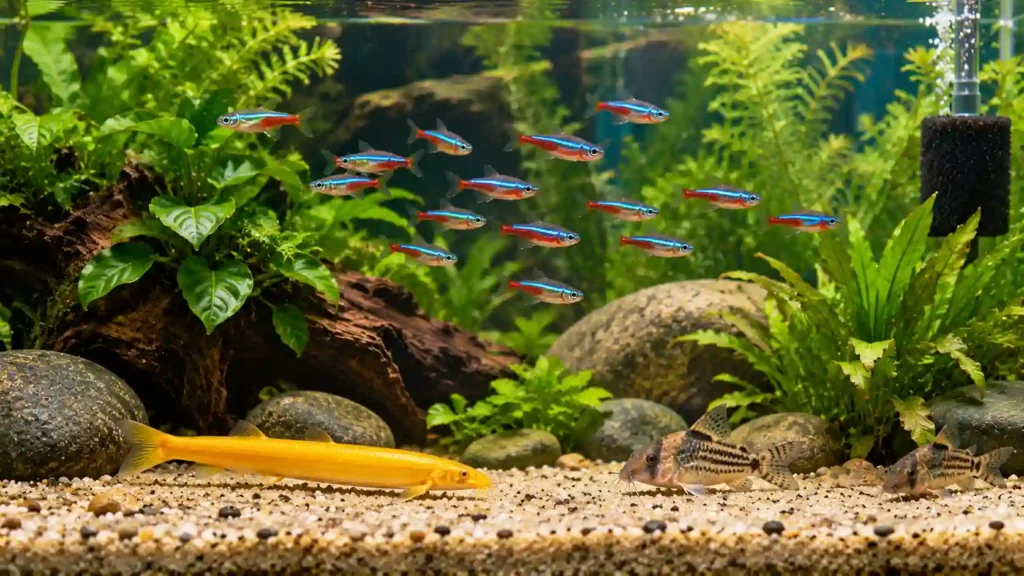Golden dojo loach swimming with compatible community tank mates