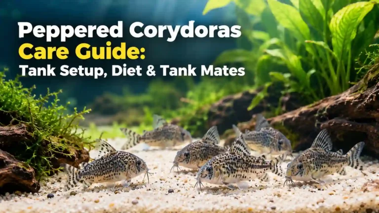 Peppered corydoras catfish school swimming near sand substrate in planted freshwater aquarium