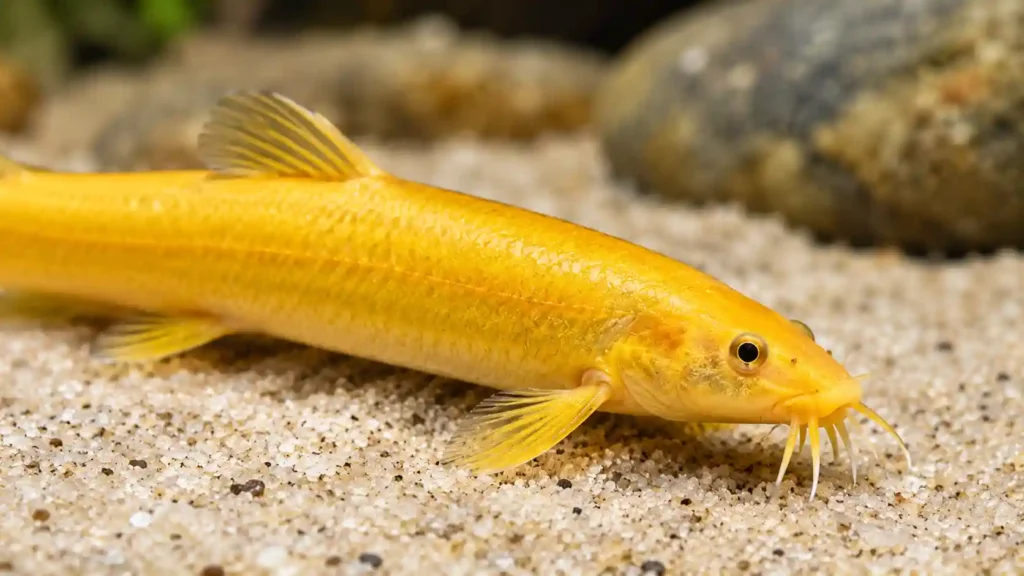 Close up of golden dojo loach body shape and barbels
