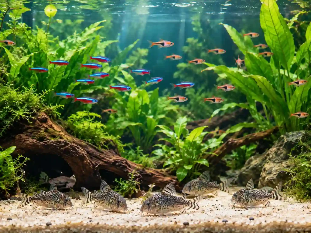 "Peppered corydoras swimming with neon tetras and rasboras in a peaceful community tank"